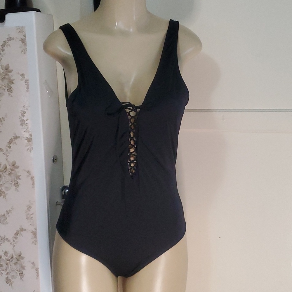Pour Moi Black Lace-Up Front One Piece Swimsuit Size Uk 16 US 12